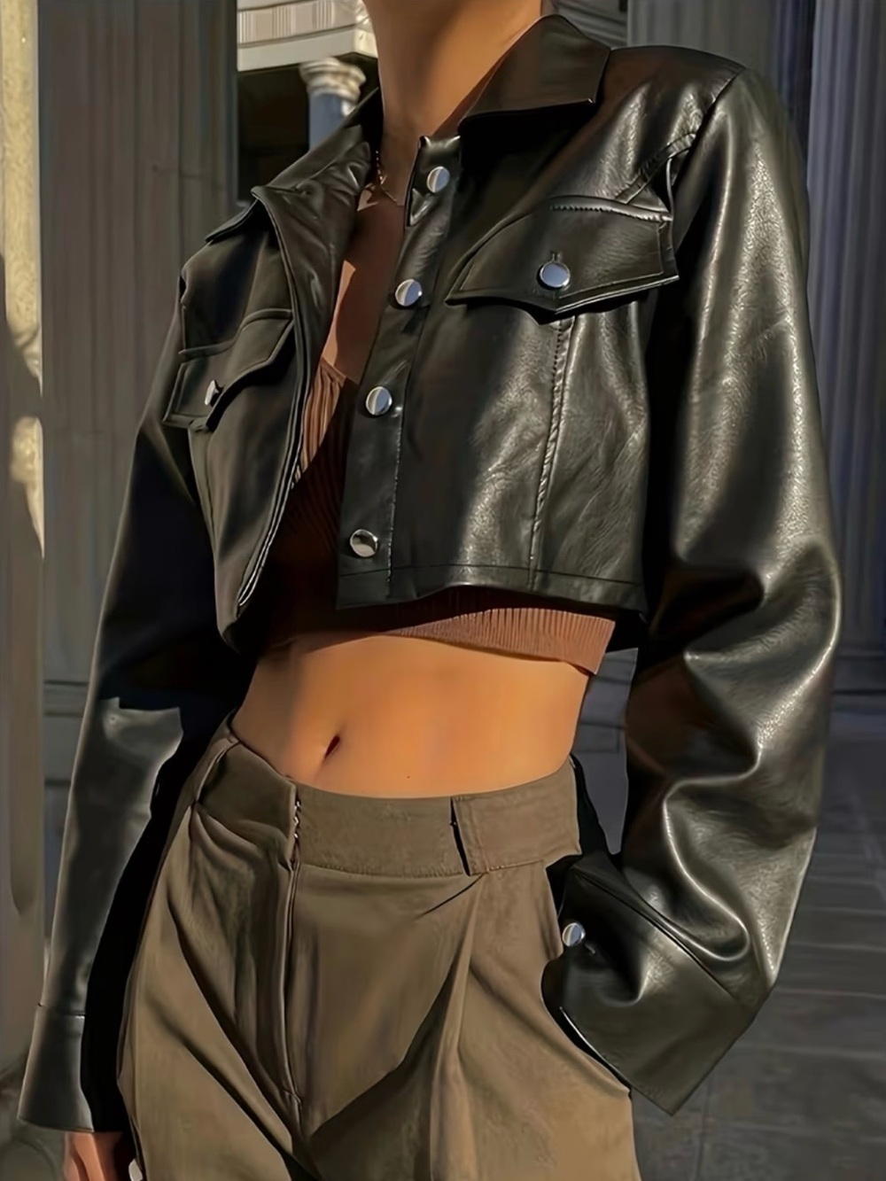Black Faux Leather Cropped Jacket - Women's